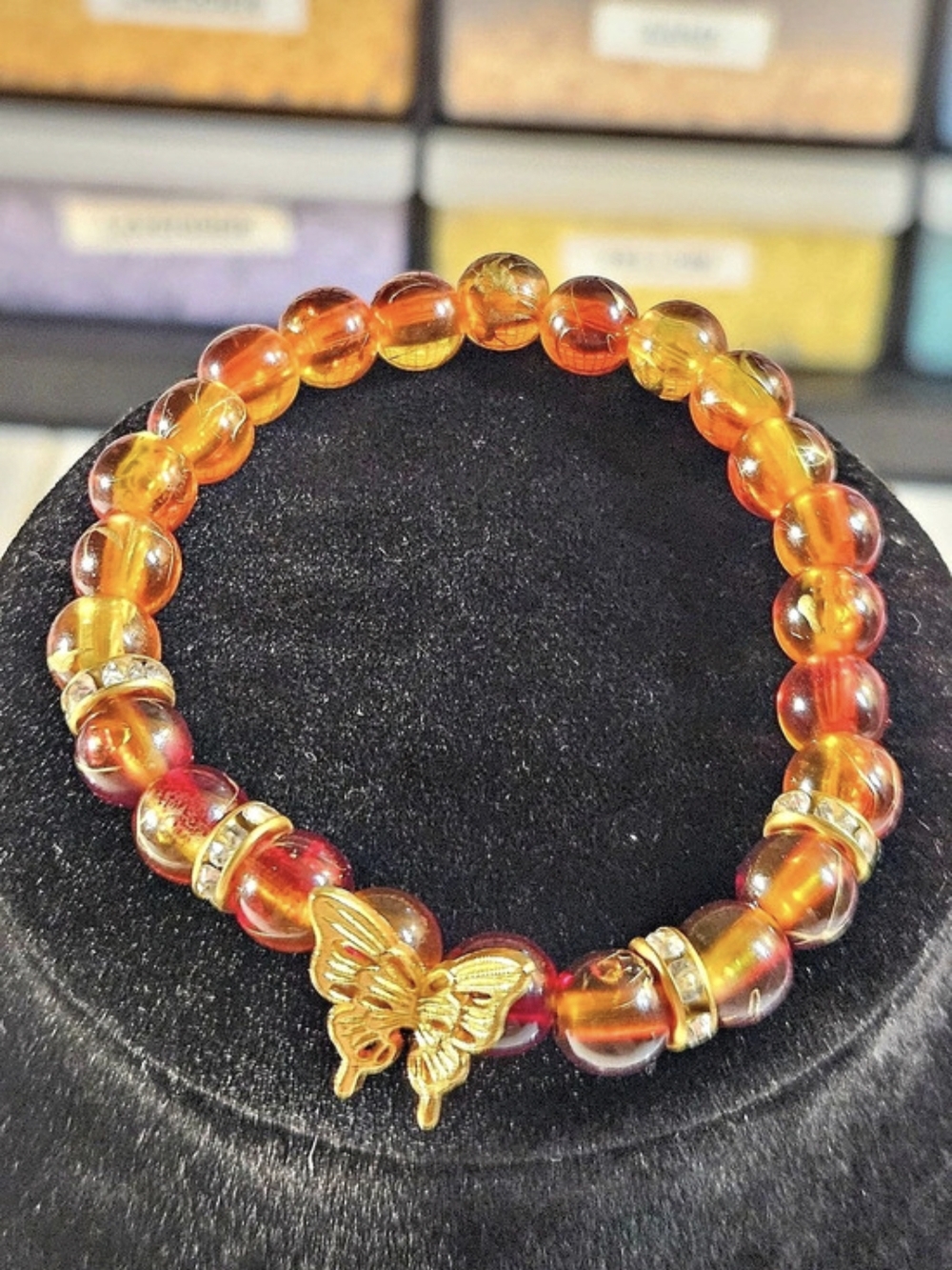 Amber-Tone Beaded Butterfly Stretch Bracelet | New | Handmade | 7in